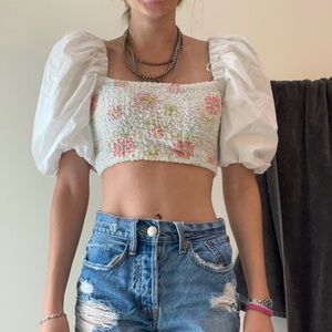 Zara White Floral Puff Sleeve Crop Top